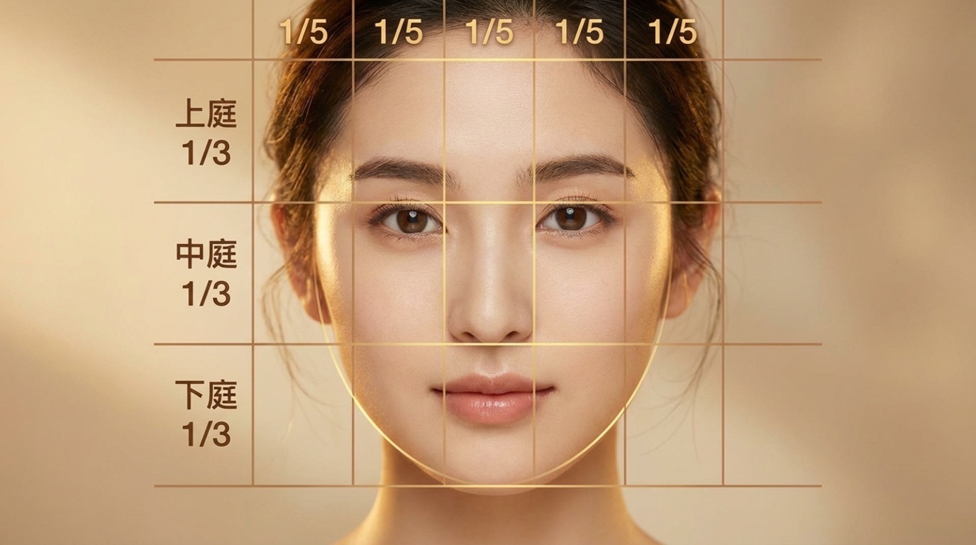 黄金比や三庭五眼のラインが重ねられた顔のイメージ