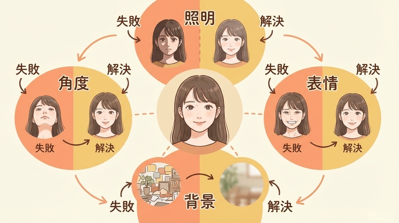 スマホで自撮りの撮影条件を確認している人物