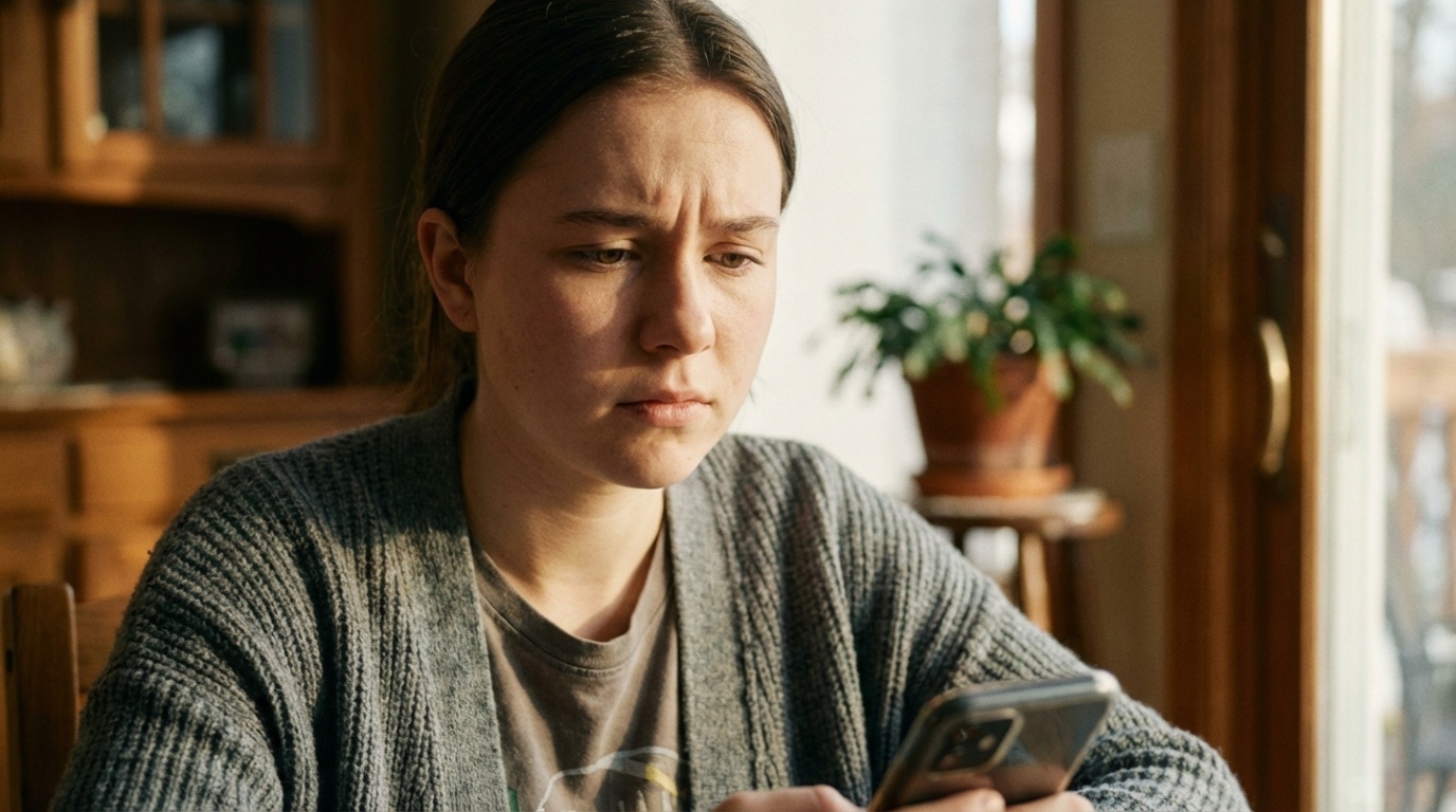 スマホの画面を不安そうに見つめる女性